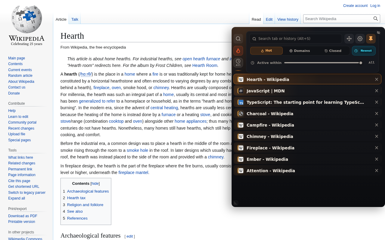 The vatra panel open over a Wikipedia article, listing ten tabs ordered by attention