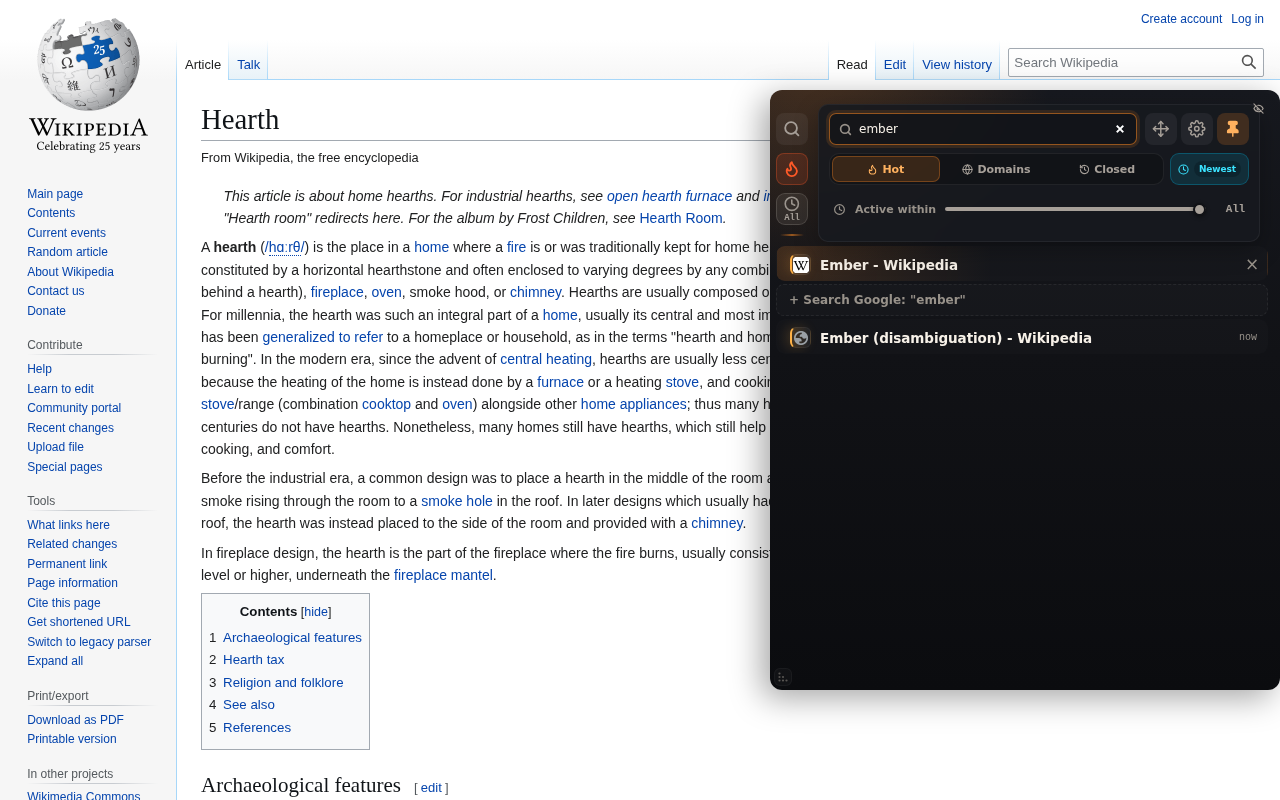Searching for "ember": a matching open tab, a search fallback, and a recently closed page