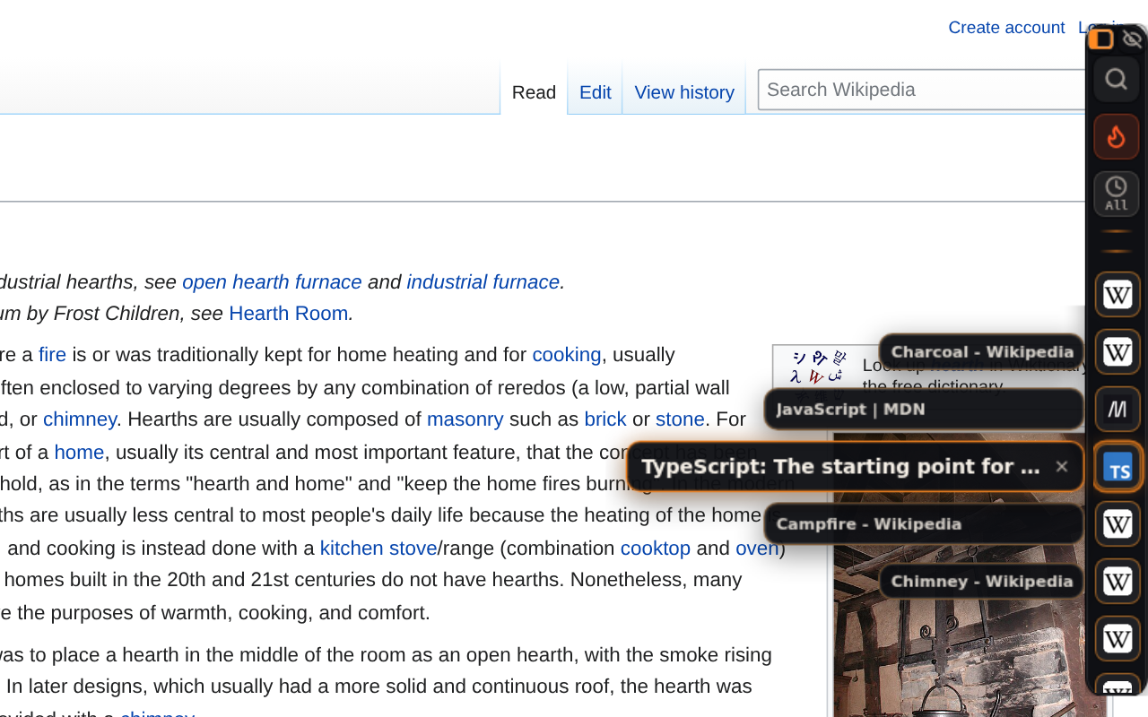 The pinned strip at the edge of a page: hovering the TypeScript tab shows its title large, with two neighbouring tabs above and below it as smaller cards